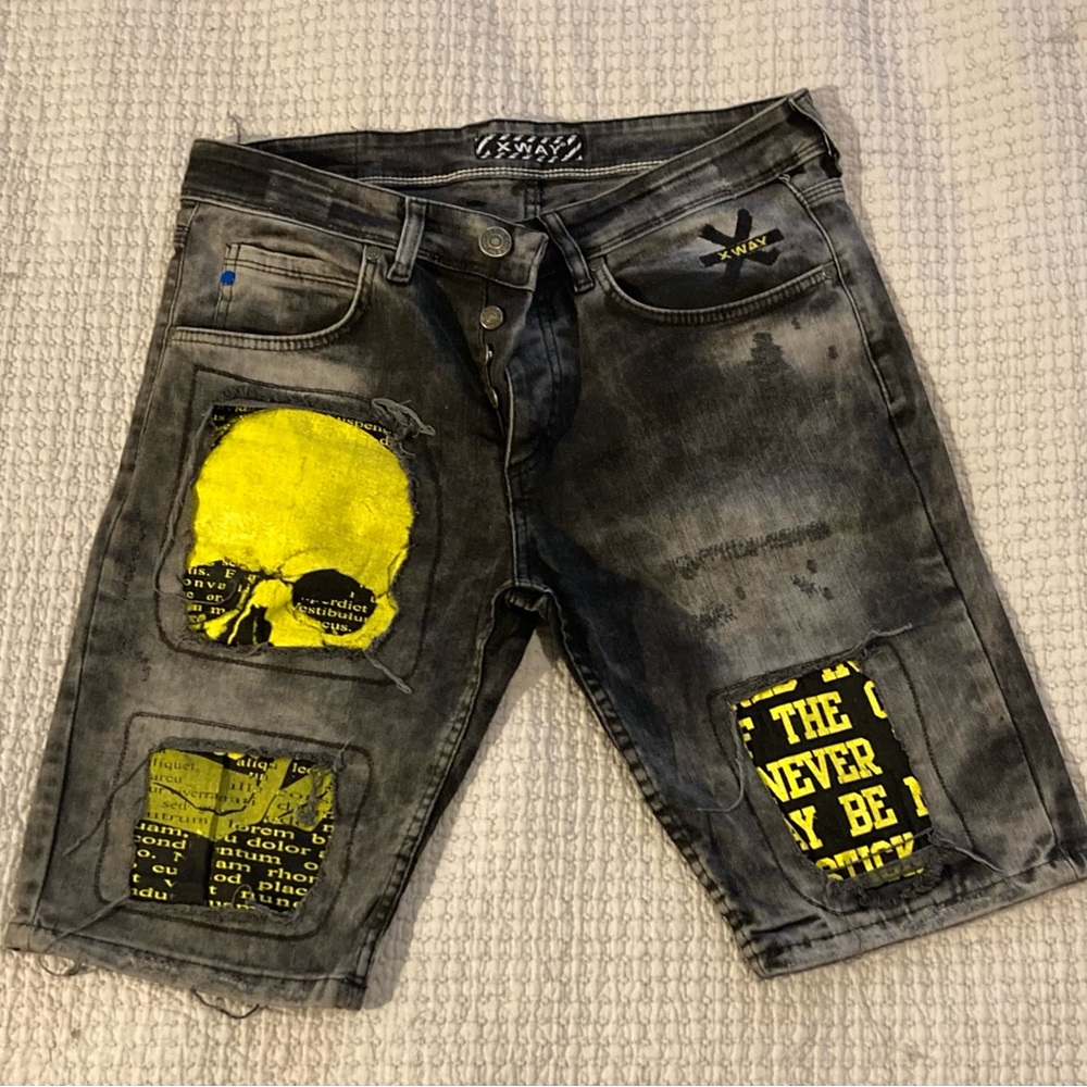 Sernes XWAY skinny shorts mens. Sz. 32 Distressed, patches, paint , stretch